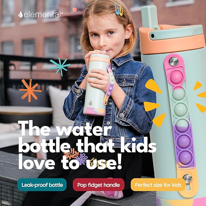 Elemental Iconic Kids Water Bottle for School - 100% Leak-Proof Insulated Water Bottles with Straw Lid & Pop-It Handle for Boys & Girls - Triple-Wall Insulated & BPA-Free, 14oz – Mint Sorbet
