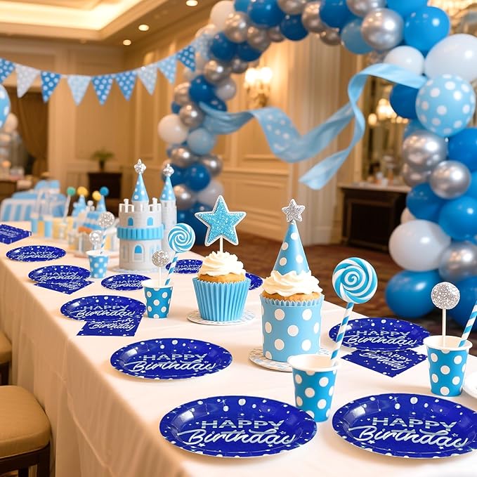 Grencian 96Pcs Blue and Silver Birthday Party Decorations Silver Polka Dots on Blue Paper Plates and Napkins Disposable Tableware for Women Men Birthday Party Graduation Decorations 2026 Serves 24