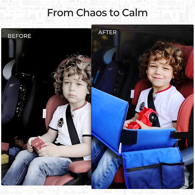 Travel Tray for Kids, Carseat Table Tray for Road Trip Activities, Toddler Lap Desk Organizer for Airplane - Blue