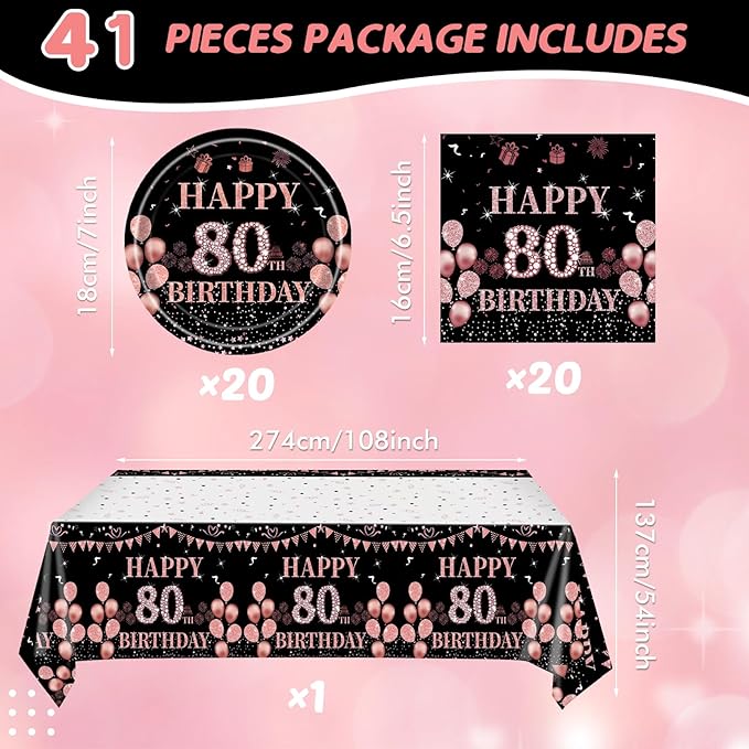 41Pcs 80th Birthday Decorations for Women, Vintage 80 Birthday Black and Rose Gold Disposable Paper Plates and Napkins Party Supplies for 20 Guests, 41Pcs Include 7" Plates Napkins and Tablecloth