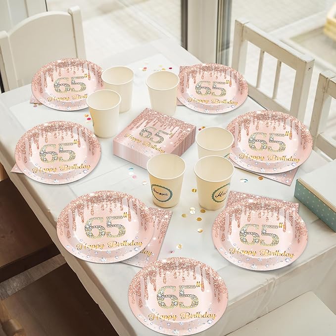 50Pcs Rose Gold 65th Birthday Party Paper Plates and Napkins Women Rose Gold 65 Years Old Table Decorations Happy Sixty-five Years Old Tableware Set Serves 25 Guest Pink 65th Birthday Party Supplies