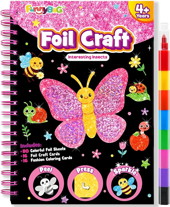 FUNNYB&G Foil Art Crafts for Kids Ages 4-8: Mother's Day 2026, Birthday Gift for Girls, Art and Crafts Supplies, Party Favors, Creative Toys for Girls 4 5 6 7 8 9 Years Old(Insects)