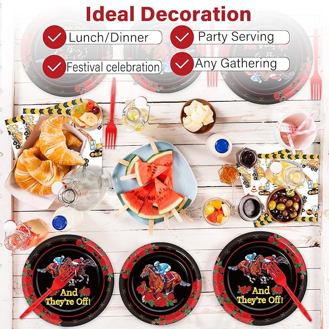 Qyeahkj 100PCS Derby Day Plates and Napkins Party Supplies Horse Racing Tableware Set Kentucky Party Decorations Favor Racing Horse Roses Dinner Plates for Derby Day Celebrations Serves 25