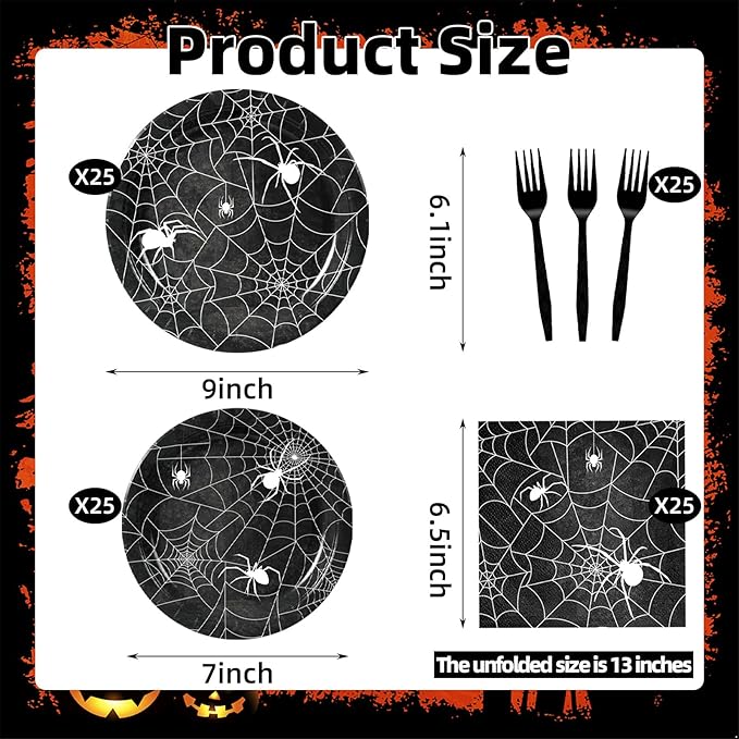 100 Pcs Halloween Spider Web Tableware Party Supplies Set, Serves 25 – Disposable Spiderweb Paper Plates, Napkins, and Forks, Spooky Dinnerware for Haunted House, Trick-or-Treat Party Decorations