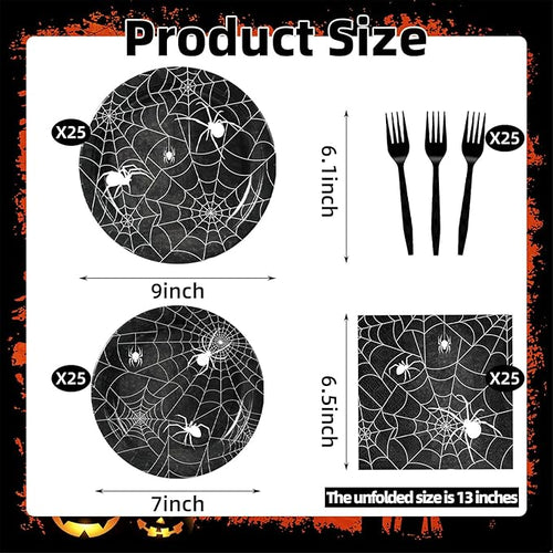 100 Pcs Halloween Spider Web Tableware Party Supplies Set, Serves 25 – Disposable Spiderweb Paper Plates, Napkins, and Forks, Spooky Dinnerware for Haunted House, Trick-or-Treat Party Decorations