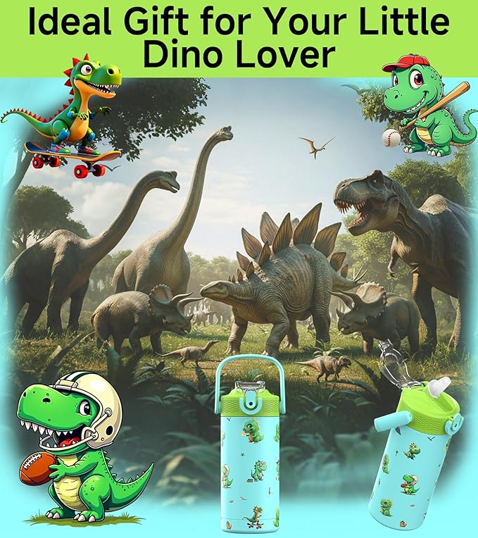 MYFOREST 14oz/400ml Insulated Kids Water Bottle, Odor-Free Surgical Grade Liner, Dishwasher-Safe, Name Spot, Soft Sipper, Gift for Dino Fan (Blue. Dinosaurs)