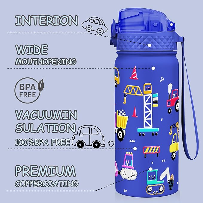 Kids Water Bottle, GOPPUS 18 oz Insulated Water Bottle with Straw, Double Vacuum Leakproof, BPA Free, for Boys and Girls, Blue Construction Truck