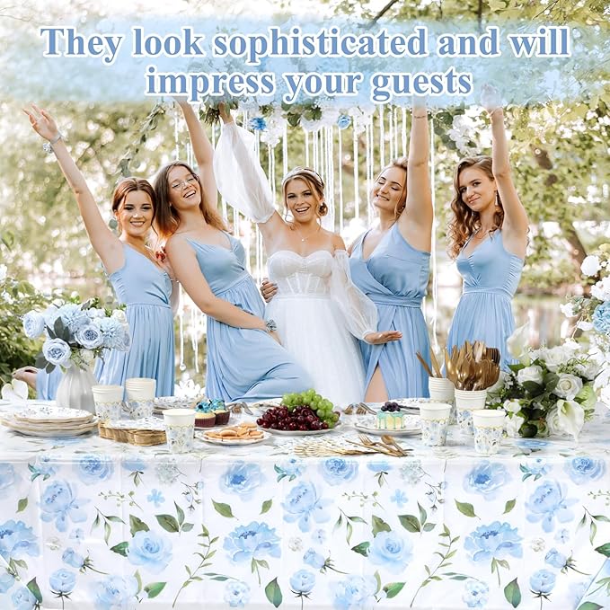 Pickmesh 194 Pcs Blue Floral Party Supplies for 24 Guests, Spring Floral Paper Plates and Napkins Cups Tablecloth Cutlery for Women Birthday Tea Bridal Shower Garden Party Supplies
