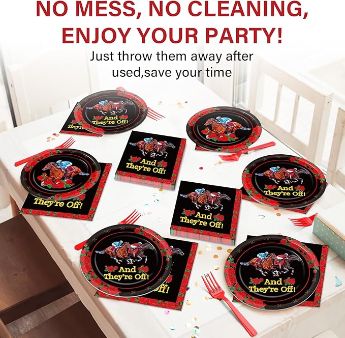 Qyeahkj 100PCS Derby Day Plates and Napkins Party Supplies Horse Racing Tableware Set Kentucky Party Decorations Favor Racing Horse Roses Dinner Plates for Derby Day Celebrations Serves 25