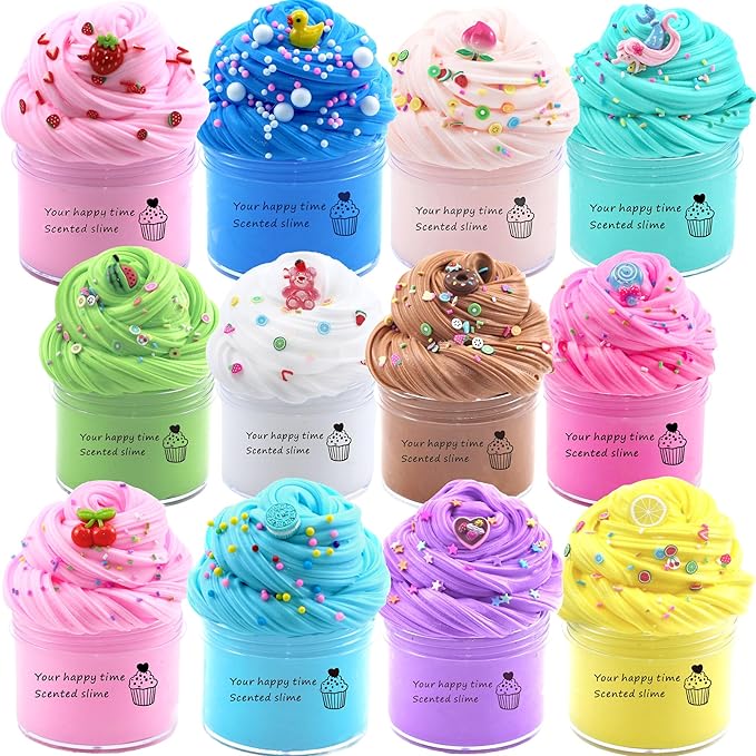 KUALUDJIT12Pack Butter Slime Kit with Cake Charms Super Soft & Non-Sticky,Stress Relief Toy for Girls and Boys,Party Favors and Birthday Gift，Easter Basket Stuffers