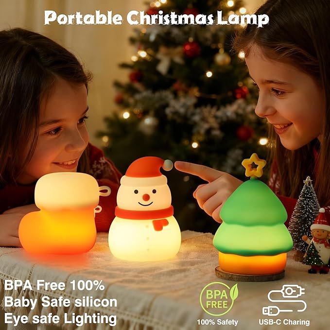 Christmas Night Light Set of 3,Rechargeable Dimmable Christmas Snowman Night Lamp,Cute Christmas Tree Decor Nightlight for Nursery Kids Hangable Squishy Silicone Boot Lights Gifts Holiday Decor