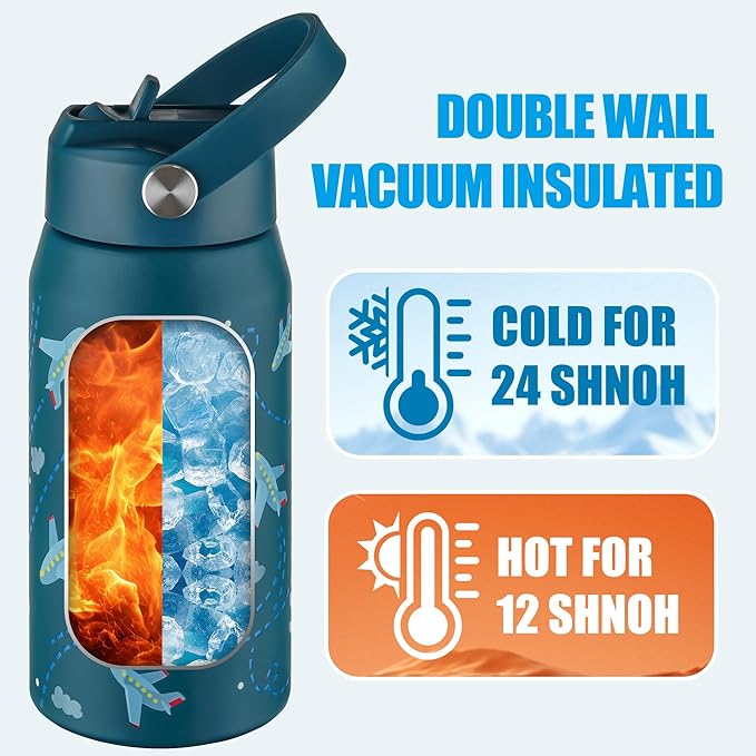 OLDLEY kids Water Bottle - 18oz Insulated Stainless Steel - Wide Straw Lid, Non Spill, Leakproof, Kids Water Bottle for School,Airplane