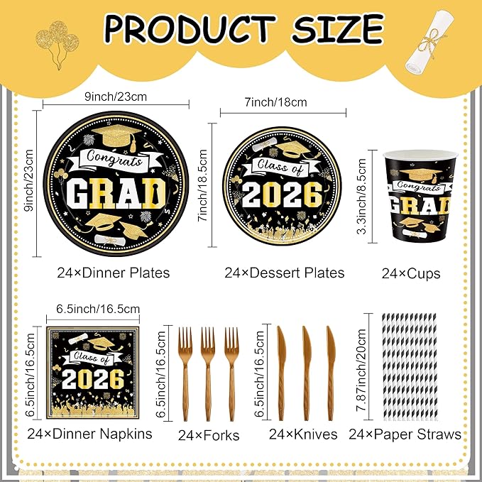 168 PCS Black Gold Graduation Party Supplies Serves 24 Guests, Disposable Tableware Set Plates Cups Napkins Cutlery Straws, School Student Graduation Birthday Decorations for Boys & Girls