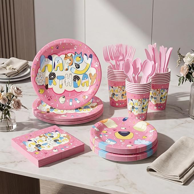 Pink Cartoon Puppy Themed Party Supplies for 24 Guests,Pink Dog Birthday Decorations Disposable Tableware Set With Plates, Cups, Napkins & Cutlery For Kids Child Themed Birthday Party