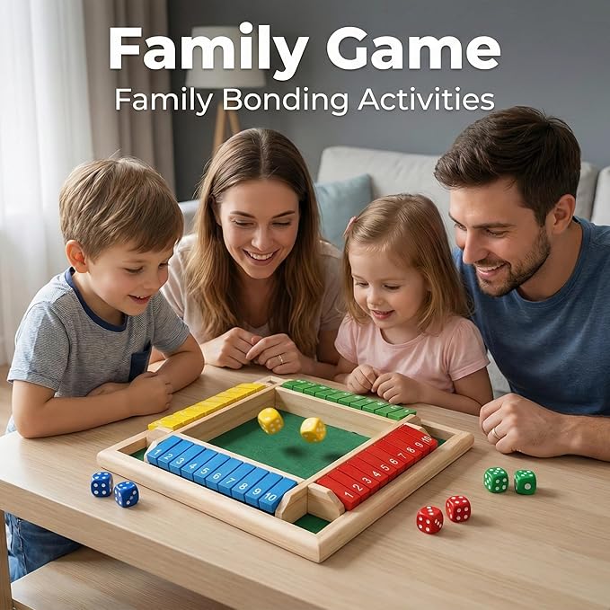 Vindstier Shut the Box Board Game for 2-4 Player, Wooden Math Number Flip Dice, Educational Toy for Kids Ages 3+ and Adults, Screen-Free Family Night, Classroom, Pub& Summer Travel Learning Activities