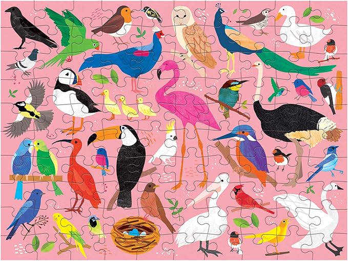 Mudpuppy Bugs and Birds Double-Sided Puzzle, 100 Pieces, 22” x 16.5” – Perfect Family Puzzle for Ages 6+ - Colorful Illustrations of Birds on One Side and Bugs on the Other, Multicolor (0735363749)