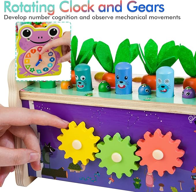 6-in-1 Wooden Montessori Toys for 1 Year Old, Mole-Tapping Game | Play the Xylophone | Frog Clock | Carrot Harvest Game | Spinning Gear, Baby Girls Toy Birthday Gift Early Learning