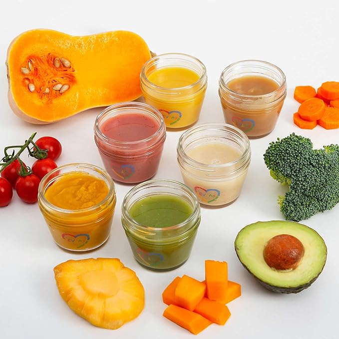 EVLA'S Baby Food Containers 12-Pack - 4 oz Glass Jars with Lids - BPA-Free, Microwave, Freezer, and Dishwasher Safe Glass Baby Food Jars or Toddler Snack Containers for Kids Purees or Breastmilk