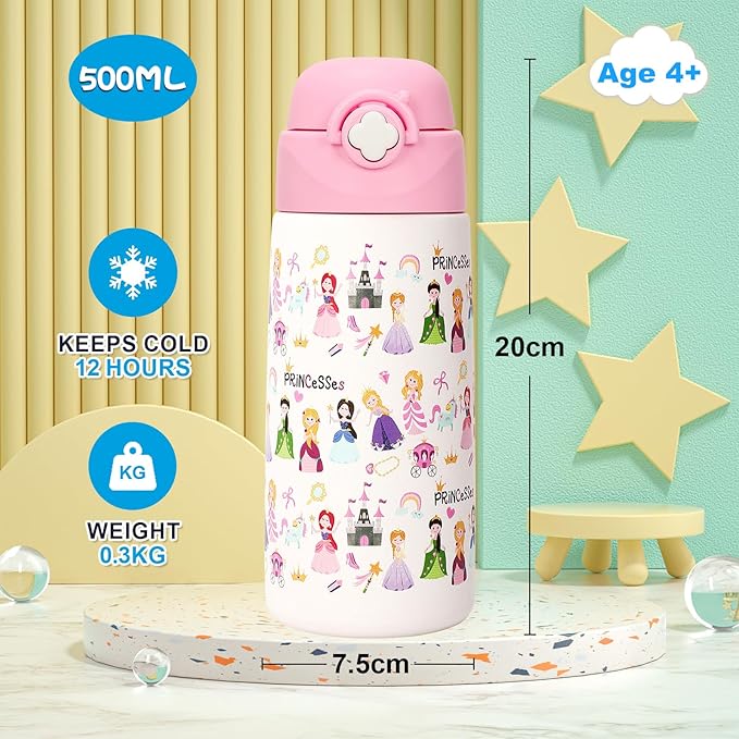Girls Insulated Water Bottle with Covered Pop-Up Straw,16 oz Kids Cups with Stainless Steel Leak Proof for School Pink（Princess）