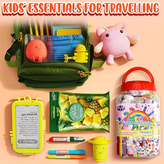 FUNZBO Arts and Crafts Supplies for Kids - Toddlers Craft Kit with Glitter Glue Stick, Pipe Cleaners, Popsicle Sticks, Pompoms & Stickers, Homeschool Supplies, Toys Crafts for Girls Boys Age 4+