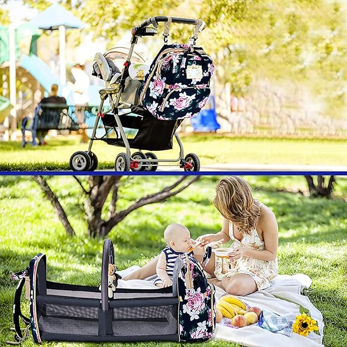 GurZinn Diaper Bag Backpack Waterproof Baby Bag Large Capacity Multifunction Nappy Bags Floral Insulated Durable Travel Maternity Back Pack with Changing Station for Baby （Black）