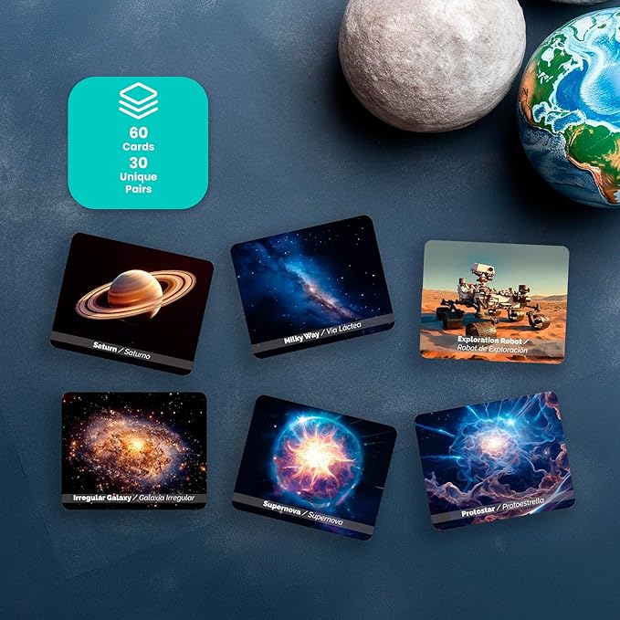 Menique Universe Memory Matching Game – 60 Cards (30 Pairs) – Bilingual Space Game with Planets, Stars & More – Educational for Kids and Adults
