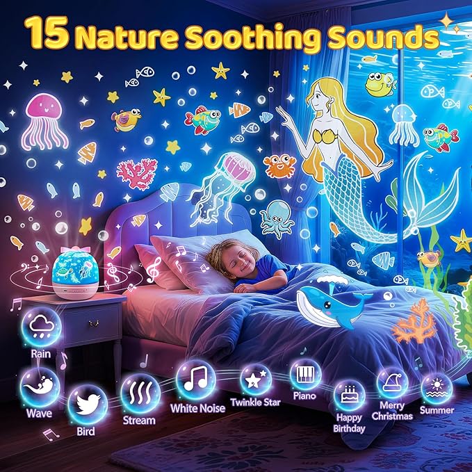 PIKOY Star Projector for Kids Gifts, 15 Films+15 Soothing Sounds Machine Baby Night Light Projector, Remote 360° Rotation Fruit Ocean Star Lights for Ceiling Decor, Kawaii Birthday Gifts Girls Toys
