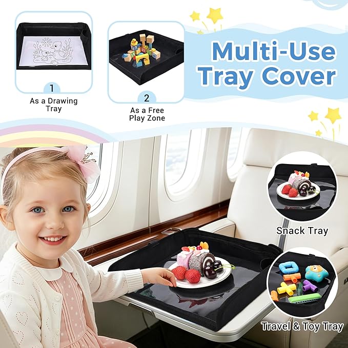 COOLBEBE Airplane Tray Table Cover, Foldable Travel Tray Cover for Toddlers 1-3, Universal Fit for Airplane, Car Seat, High Chair, Machine Washable, Portable, Black