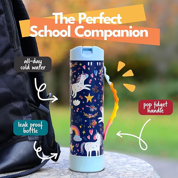 Elemental Iconic Kids Water Bottle for School - 100% Leak-Proof Insulated Water Bottles with Straw Lid & Pop-It Handle for Boys & Girls - Triple-Wall Insulated & BPA-Free, 20oz – Unicorn