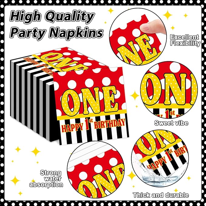 96 Pcs Mouse 1st Birthday Party Plates and Napkins Set Cartoon Mouse Party Decorations Red Black Yellow Paper Dessert Plates Polka Dot Tableware Set for Boys Girls 24 Guests