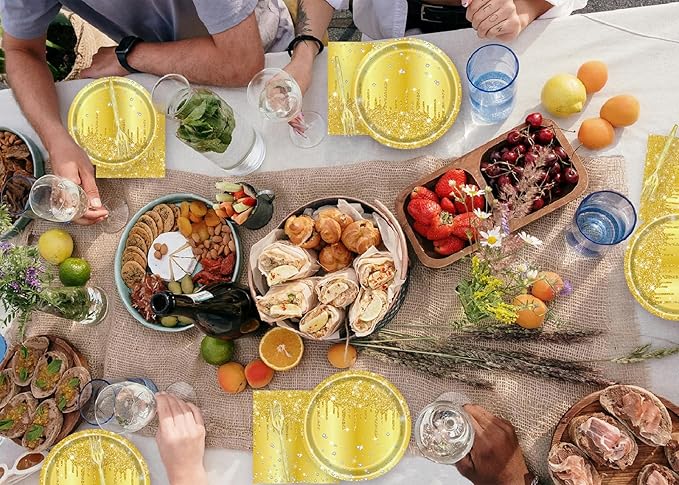 72 Pcs Gold Glitter Paper Plates 7in Disposable Paper Dessert Plates Napkins and Forks Party Tableware Set Happy Birthday Table Decorations for 24 Guests Gold Birthday Anniversary Wedding Theme Party