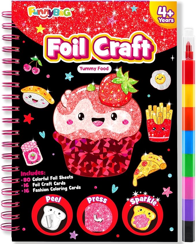 FUNNYB&G Foil Art Crafts for Kids Ages 4-8: Mother's Day 2026, Birthday Gift for Girls, Art and Crafts Supplies, Party Favors, Creative Toys for Girls 4 5 6 7 8 9 Years Old(Food)