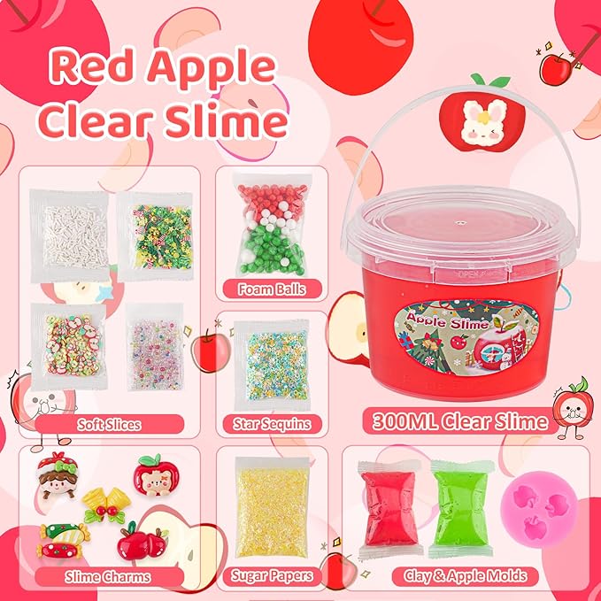 LAWOHO 300ml Apple Clear Slime with Clay, Red Slime Kit for Girls & Boys with 9 Packs Cute Add-Ins for Kids Party Favors, Non Stick Slime Making Kit for Birthday Halloween Christmas Easter Gifts