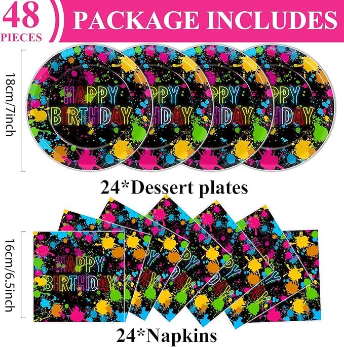 48Pcs Neon Glow in the Dark Paper Plates and Napkins Neon Birthday Party Decorations Paint Splatter Birthday Party Supplies Colorful Graffiti Disposable Tableware for Kids Baby Shower Serves 24