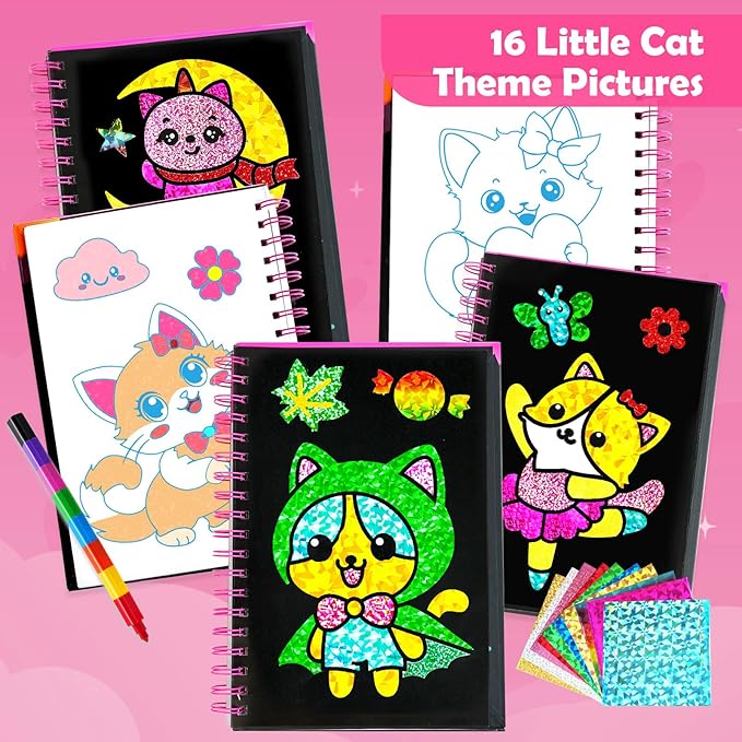 FUNNYB&G Foil Art Crafts for Kids Ages 4-8: Easter Basket Stuffers for Kids 2026, Easter Gifts for Girls, Crafts Supplies,Party Favors,Creative Toys for Girls 4 5 6 7 8 Years Old(Little Cat)