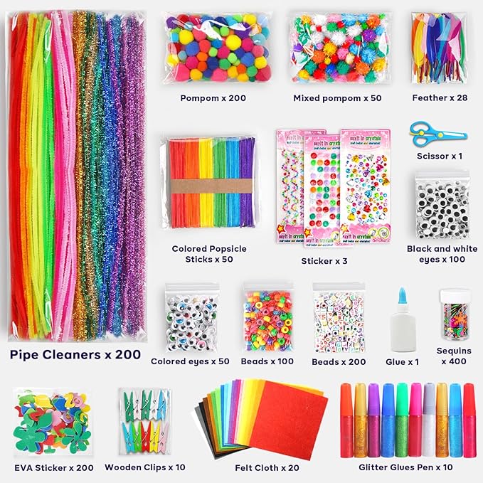 FUNZBO Arts and Crafts Supplies for Kids - Toddlers Craft Kit with Glitter Glue Stick, Pipe Cleaners, Popsicle Sticks, Pompoms & Stickers, Homeschool Supplies, Toys Crafts for Girls Boys Age 4+