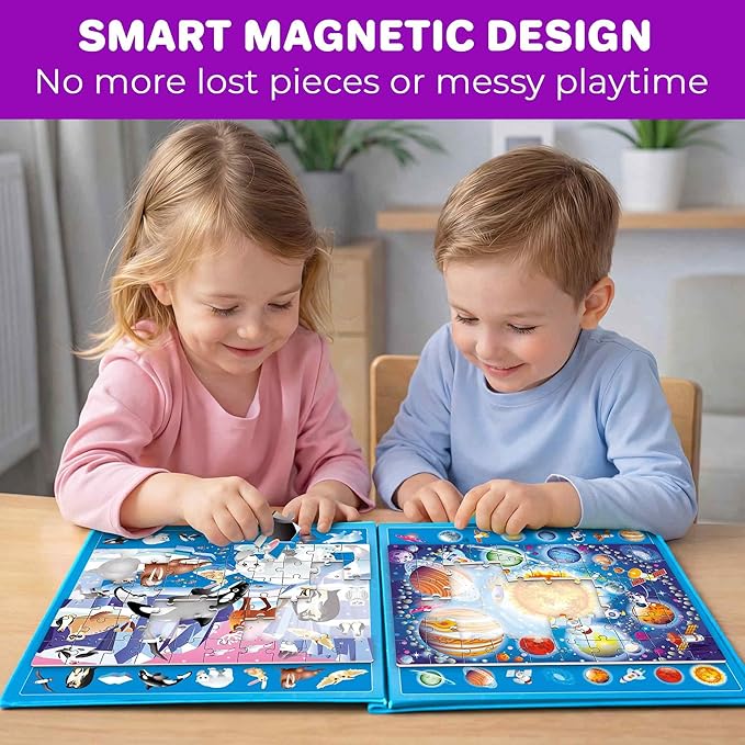 QUOKKA Magnetic Puzzles for Toddlers 3-5 – Search & Find 2 Pack 60 Pieces Each – Travel Friendly Board with Hidden Objects, Space Map and Polar Animals – Educational Puzzle Gift for 3 Year Olds