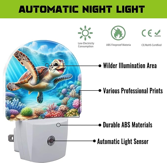 Cute Sea Turtle Night Light for Kids,Smile Turtle and Colorful Corals Plug in Night Light with Dusk to Dawn Sensor, 0.5w Energy Saving Nightlight for Hallway Stairway Kitchen Bedroom