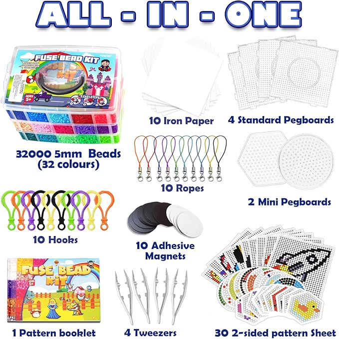 FUNZBO 32000 5mm Fuse Beads Kit - 32 Colors, Homeschool Arts and Crafts Supplies for Kids, Toys Set, Art Decorations for Room, Birthday Gifts for Girls and Boys Age 5+