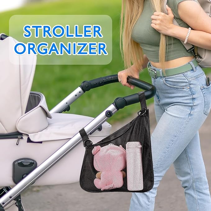 Stroller Side Bag - Bike/Stroller Organizer, Hook & Loop Easy Attach - Mesh Design, Non-Slip Straps, mom Cozy Stroller Organizer, Stroller Accessories, Black (BLACK 2PCS)
