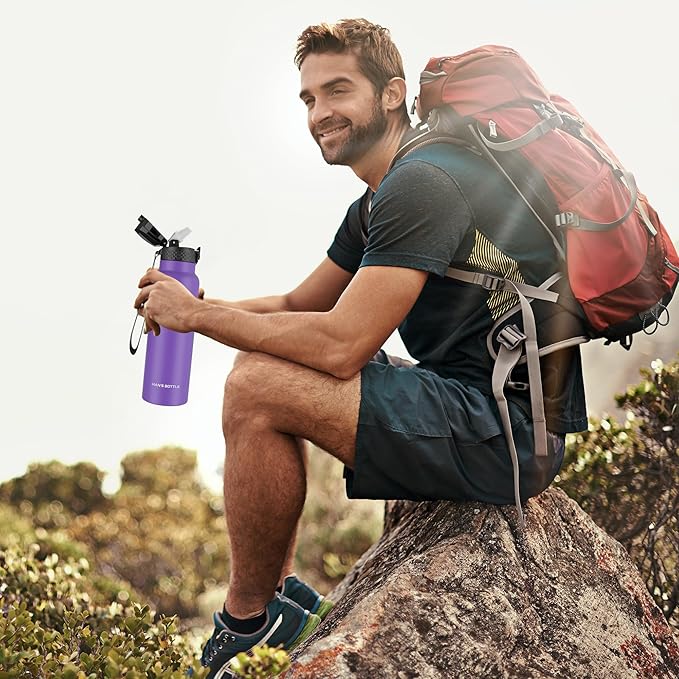 Han's Bottle Sports Water Bottle - 24 Oz, Straw Lid, Leak Proof, Vacuum Insulated Stainless Steel, Double Walled, Thermo Mug,Purple
