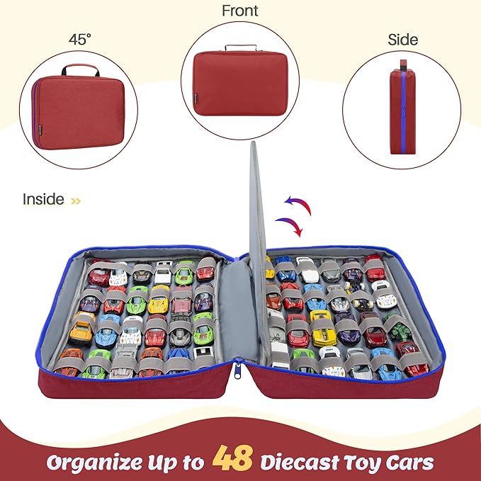 KISLANE Car Storage Case Organizer for 48 Vehicles – Portable 1:64 Scale Die-Cast Collection Carrying Case with Elastic Slots, Travel Storage Bag for Collectors, Red