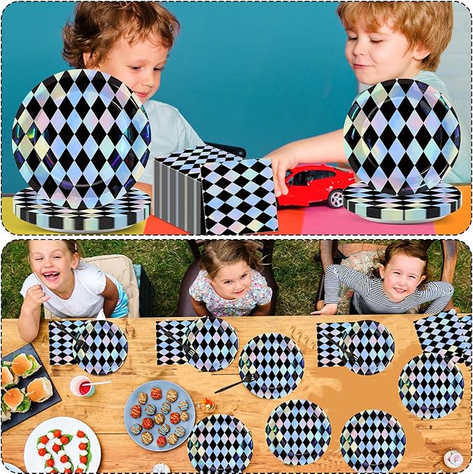 96Pcs Black and Iridescent Checkered Diamond Plates and Napkins for Iridescent Party Supplies Black Gingham Themed Paper Dessert Plates Race Car Tableware Set for 24 Guests Birthday Party Decorations