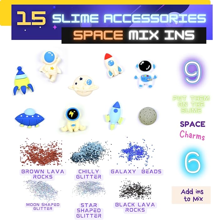 FINOCLAY Galaxy Slime Kit for Kids, 6 Pack Different Scented Strechy Metallic Slime with 15 Space Charms and Mixins, Glow Neon & Clear Putty Toy Set for Girls Boys, Space Adventure Party Toy