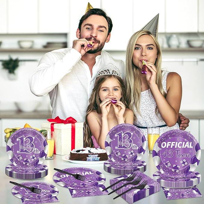 Qyeahkj 100 Pcs Purple Official Teen Birthday Decor 13th Birthday Plates Napkins Forks Set Disposable Official 13th Tableware Teenager Paper Plates Dinnerware Decorations Serve 25