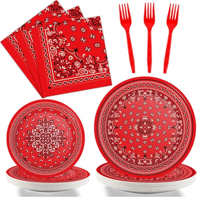 96 Pcs Red Bandana Western Party Plates Napkins Tableware Set Paisley Cowboy Cowgirl Farm Themed Supplies Disposable Dinnerware Western Decoration Favors for Kids Baby Shower Birthday, 24 Guests