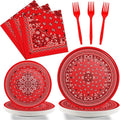 96 Pcs Red Bandana Western Party Plates Napkins Tableware Set Paisley Cowboy Cowgirl Farm Themed Supplies Disposable Dinnerware Western Decoration Favors for Kids Baby Shower Birthday, 24 Guests