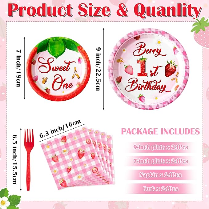 Berry First Birthday Party Decoration - 96Pcs Strawberry 1st Sweet One Plates Napkins Fork Tableware, Strawberry First Disposable Party Supplies for Girl 1st Birthday Baby Shower Table Decor, Serve 24