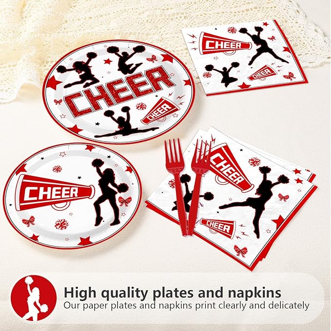 96Pcs Cheer Party Decorations Cheerleader and Loudspeaker Plates and Napkins Red Black White Sports Gymnastics Tableware Set for Girls' Cheer Birthday Ceremony Graduation Party Supplies Serves 24
