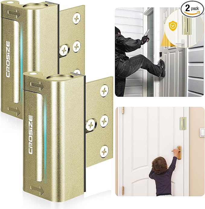 Home Security Door Locks 2 Pack, Metal Door Reinforcement Locks, 3" Withstands 1000 lbs of Impact for Inward Swing Doors, Defender Security Door Lock, Prevent Unauthorized Entry (Gold)